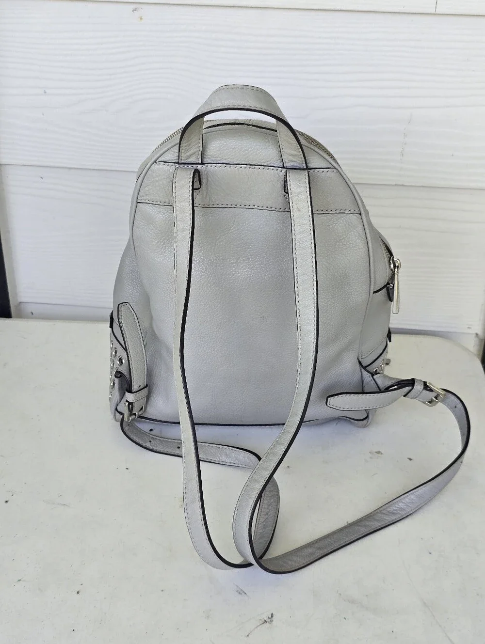 Michael Kors Gray Leather Grommet Studded Backpack Silver Hardware 12x13